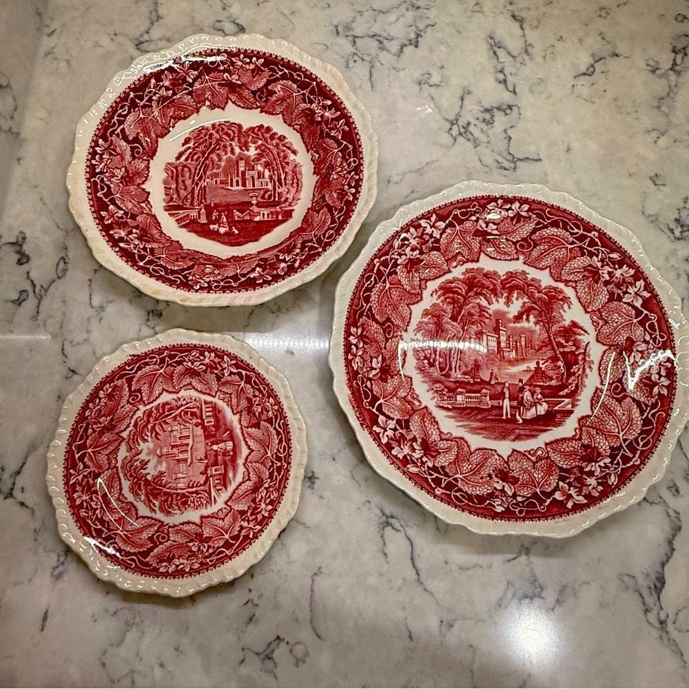 Vintage antique Mason ware red vista pink  transferware rare collectible set 2